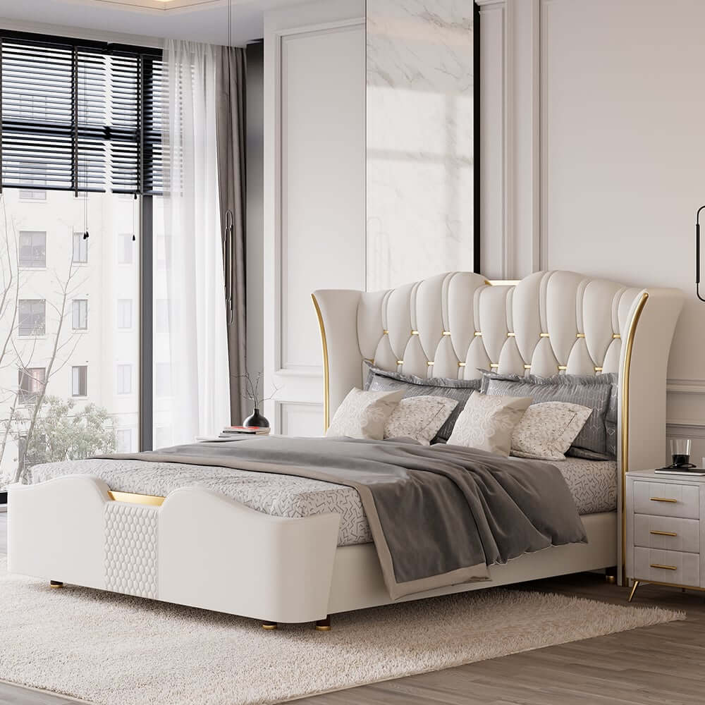 Modern Faux Leather King Bed With Gold Trim