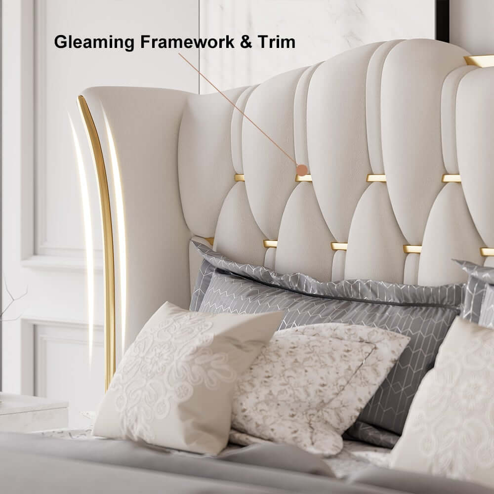 Modern Faux Leather King Bed With Gold Trim