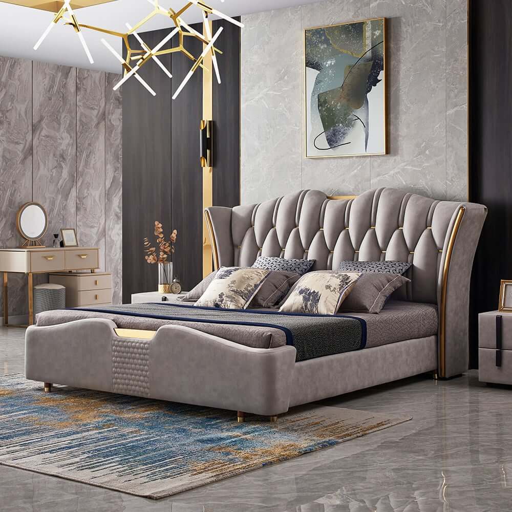 Modern Faux Leather King Bed With Gold Trim