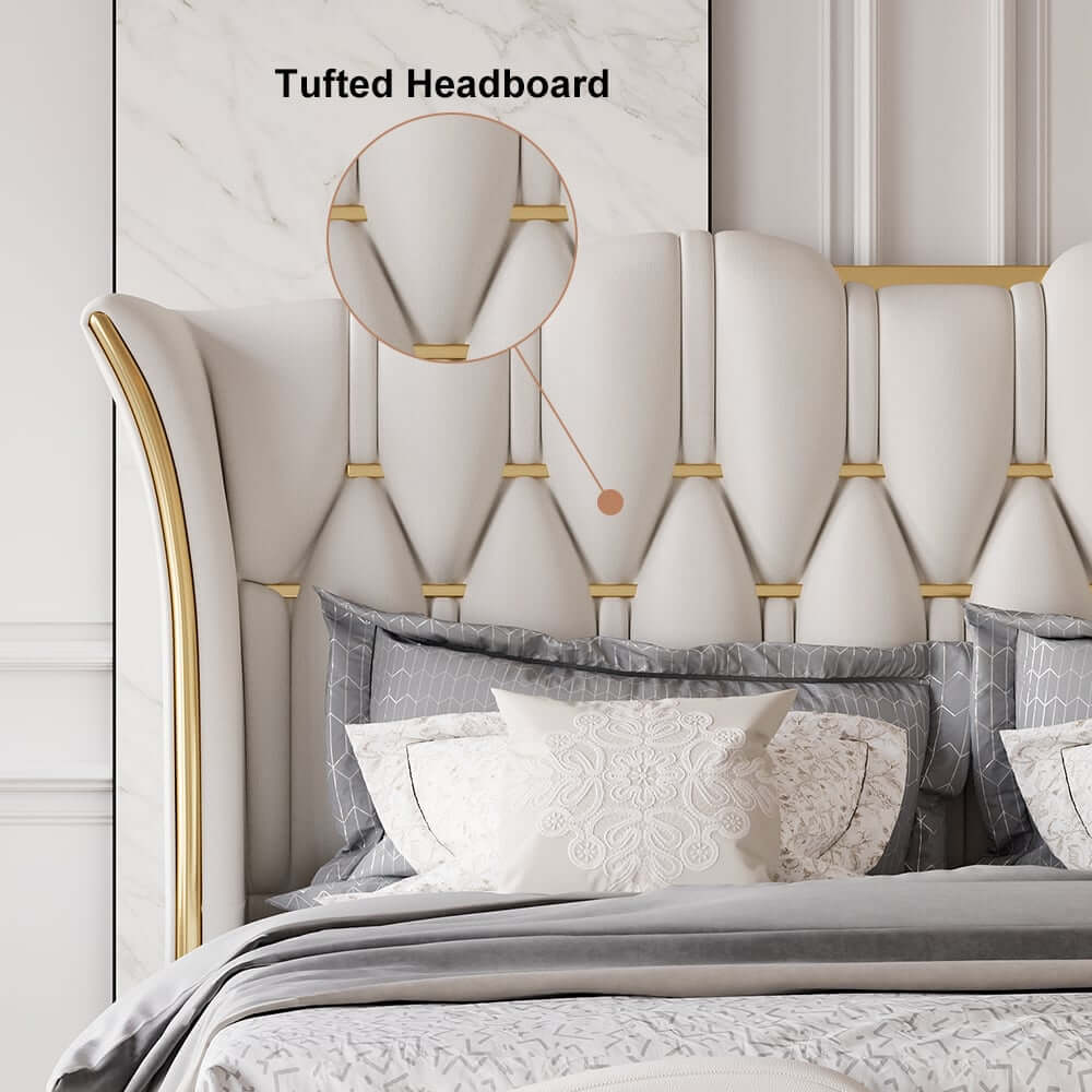 Modern Faux Leather King Bed With Gold Trim