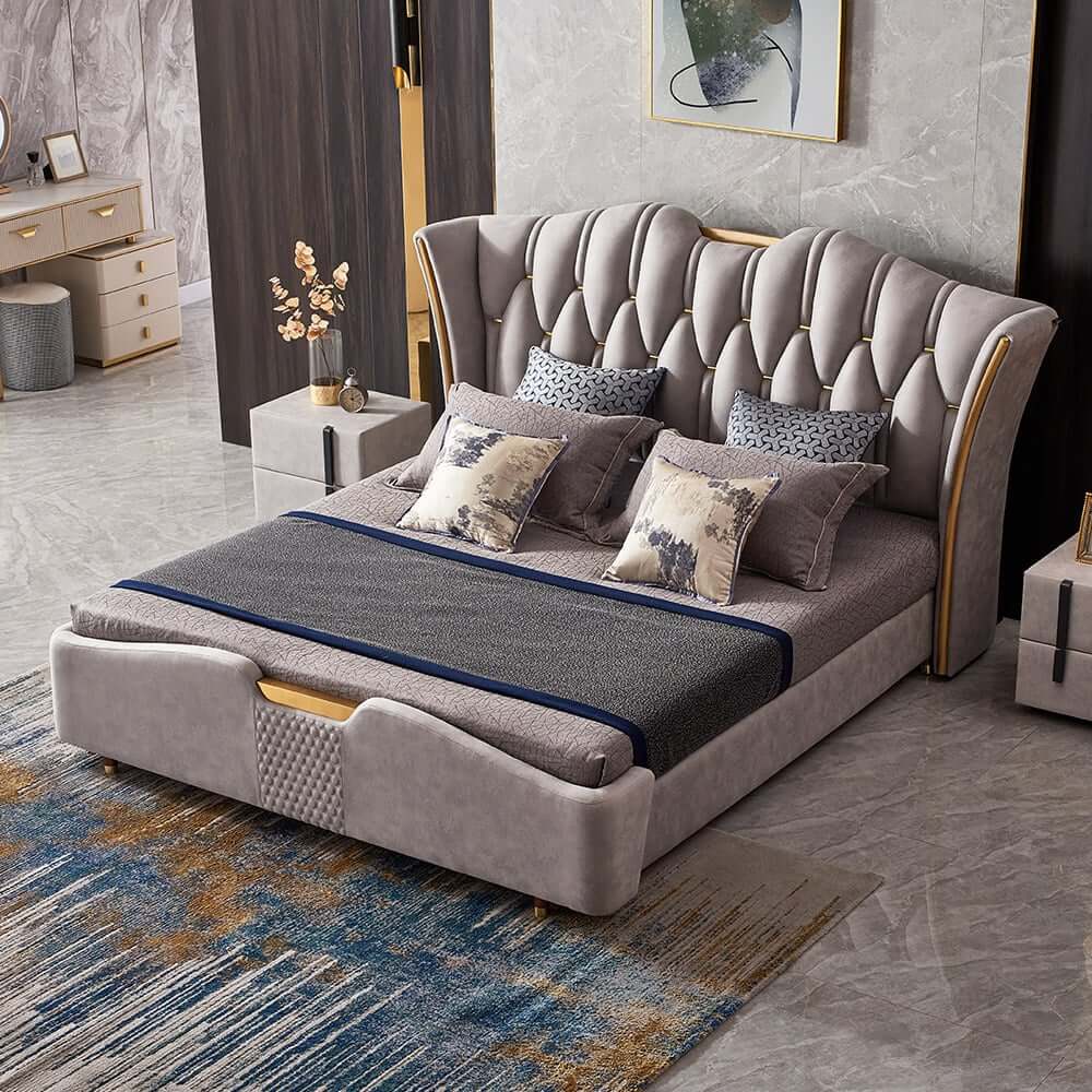 Modern Faux Leather King Bed With Gold Trim