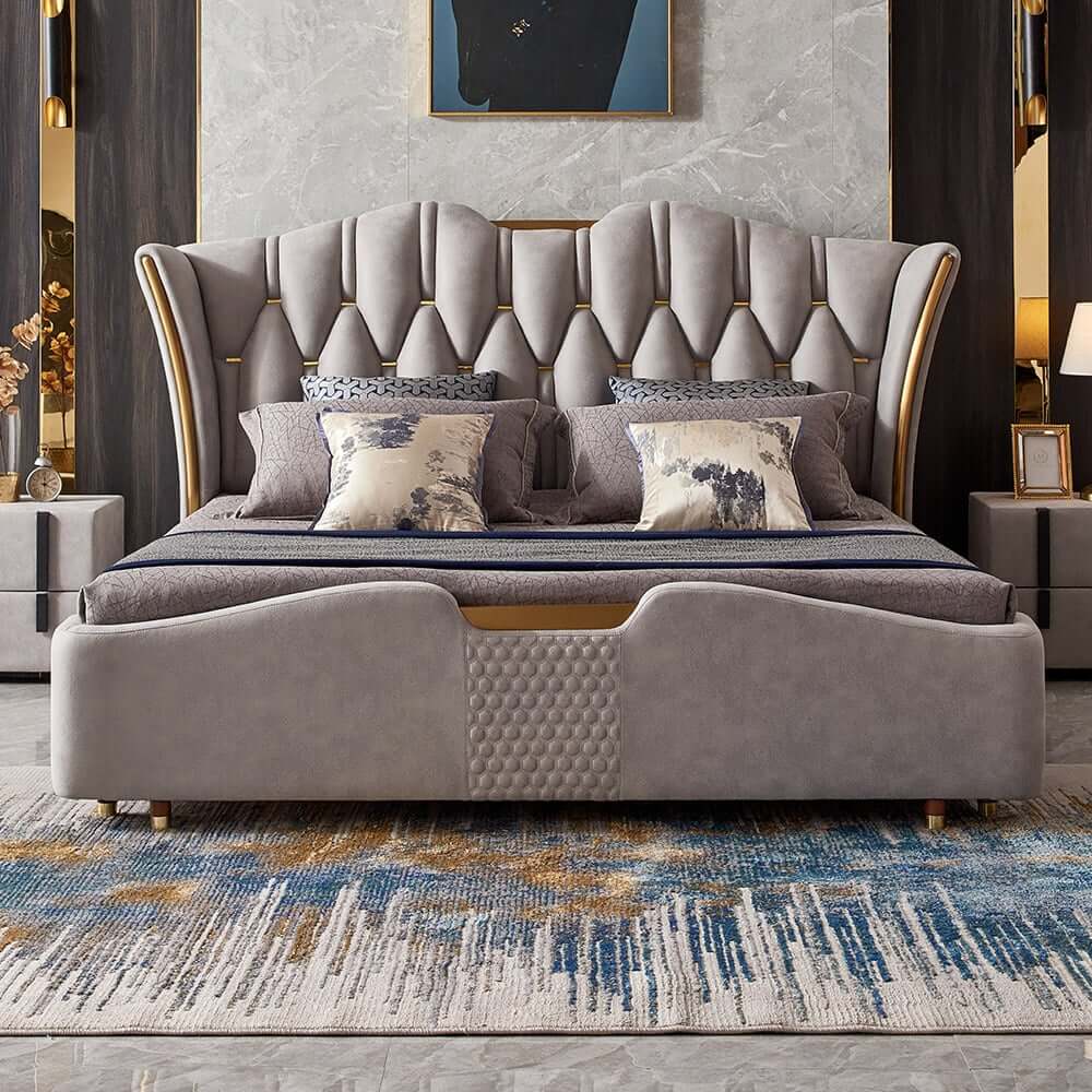 Modern Faux Leather King Bed With Gold Trim