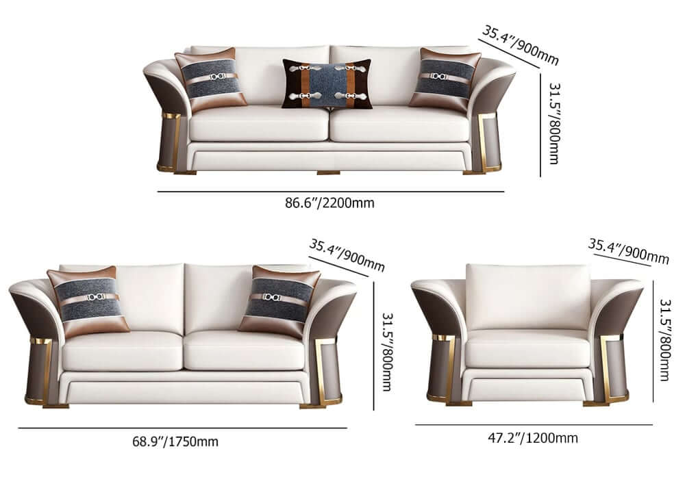 Modern Faux Leather Living Room Set, 3 Pieces, Stainless Steel Dimensions