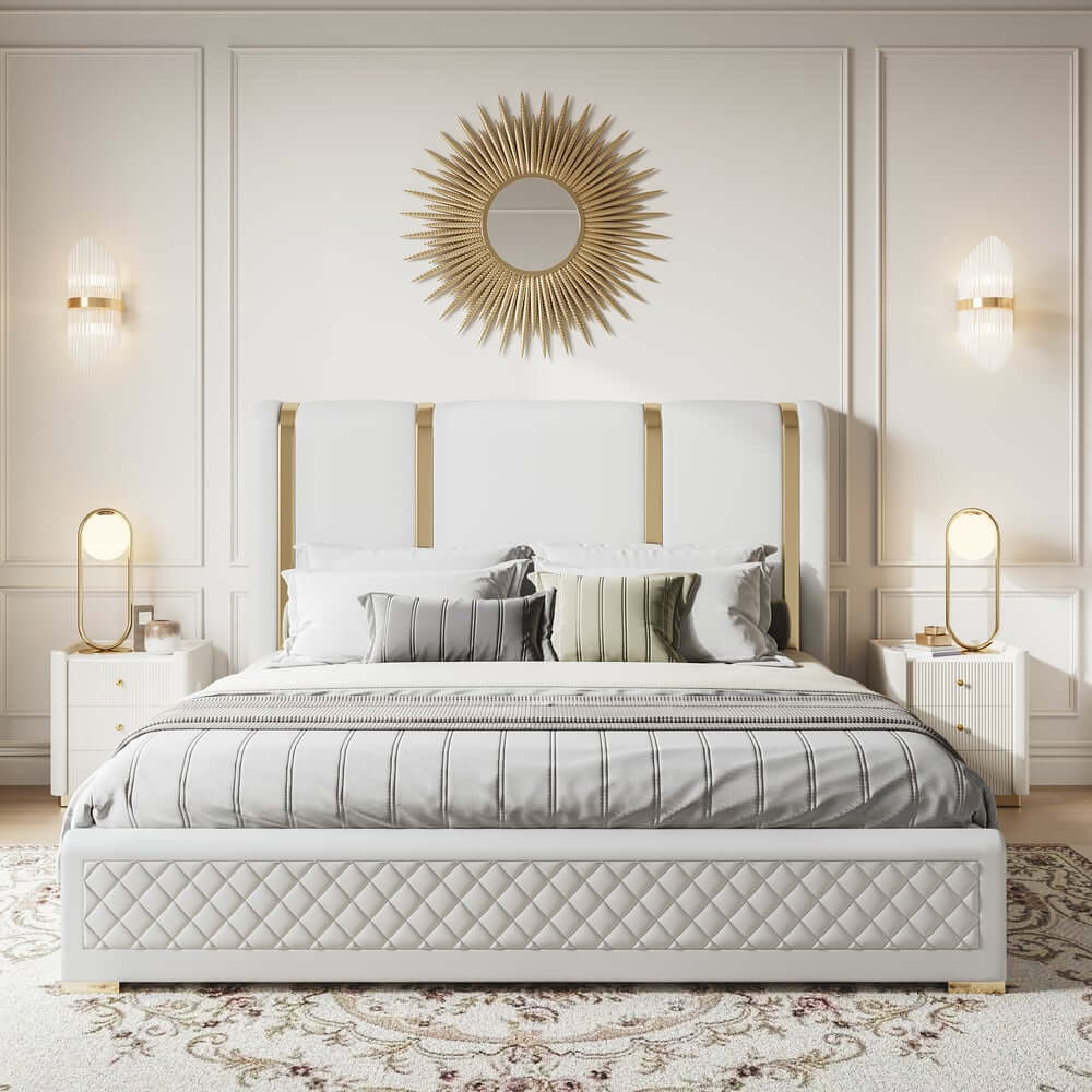 Modern Faux Leather Platform Bed With Gold Legs