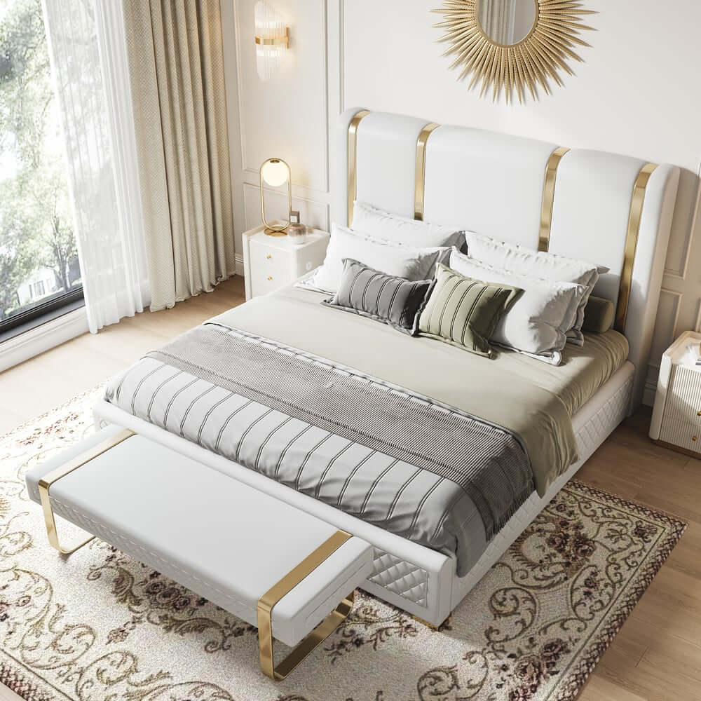 Modern Faux Leather Platform Bed With Gold Legs