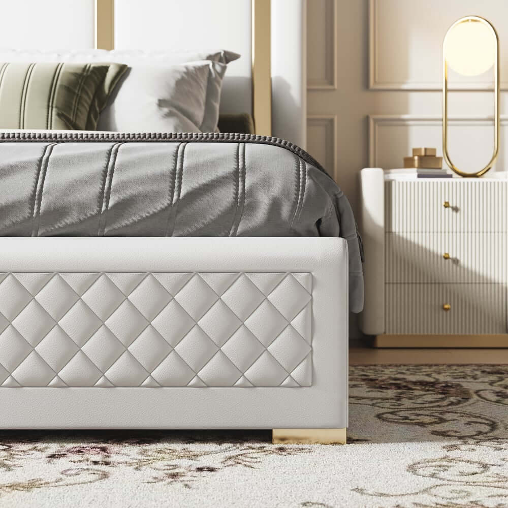 Modern Faux Leather Platform Bed With Gold Legs