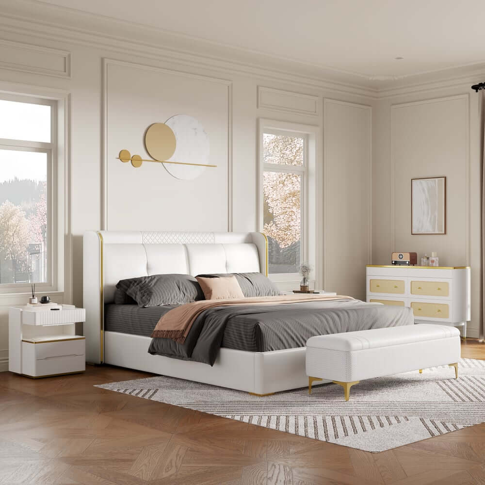 Modern Faux Leather Platform Bed With Storage Drawers