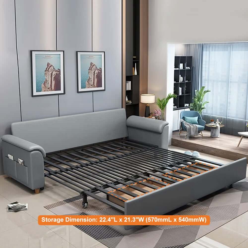 Modern Faux Leather Sofa Bed With Storage And Pillow Arms