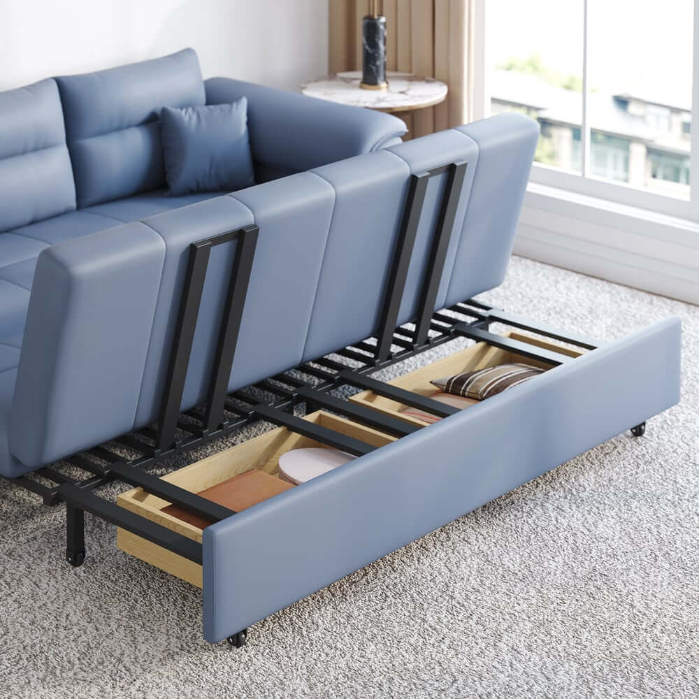 Modern Faux Leather Sofa Bed With Storage And Pillow Arms