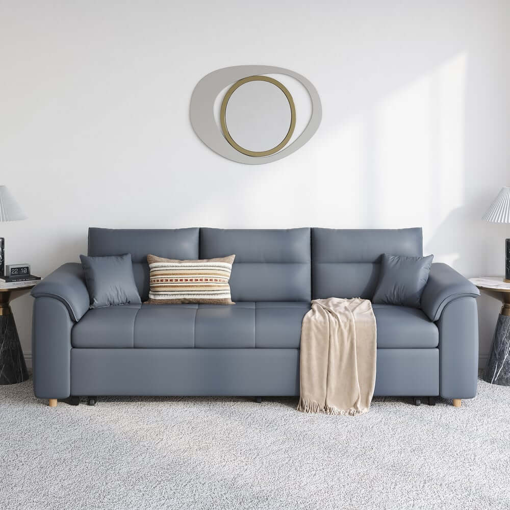 Modern Faux Leather Sofa Bed With Storage And Pillow Arms