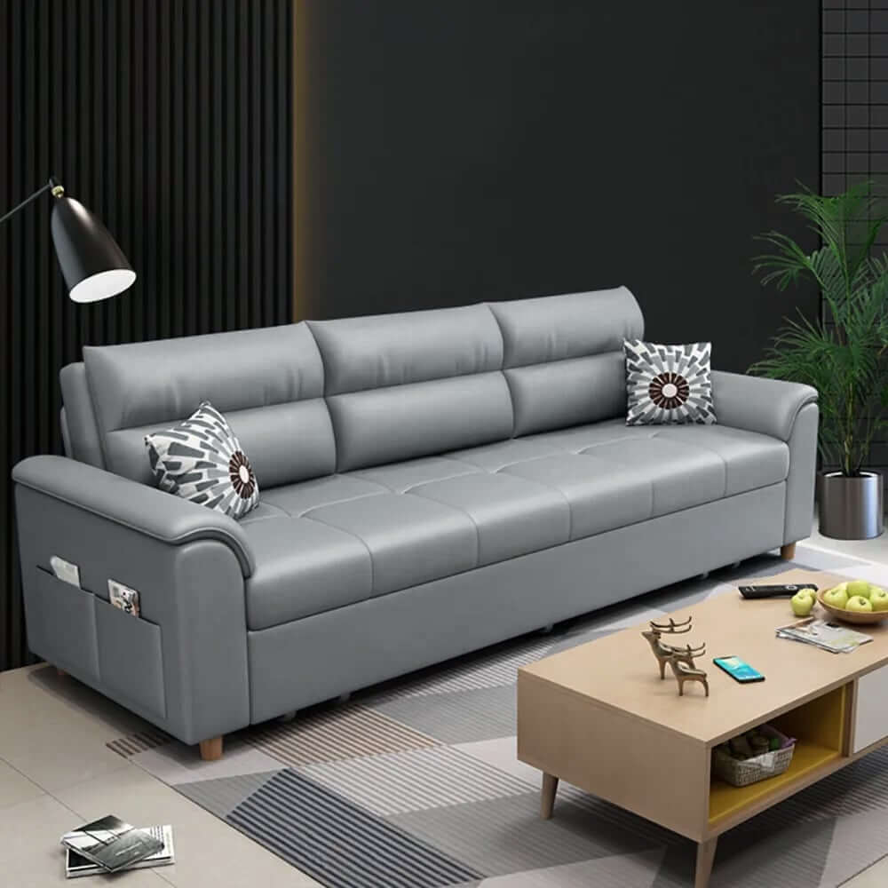 Modern Faux Leather Sofa Bed With Storage And Pillow Arms