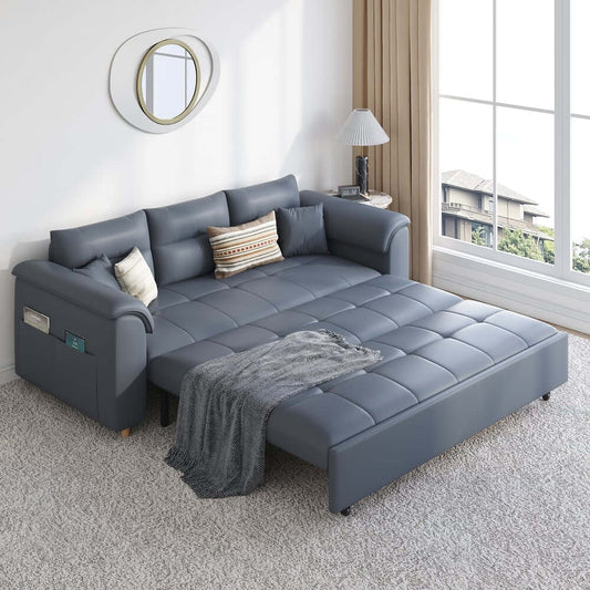 Modern Faux Leather Sofa Bed With Storage And Pillow Arms