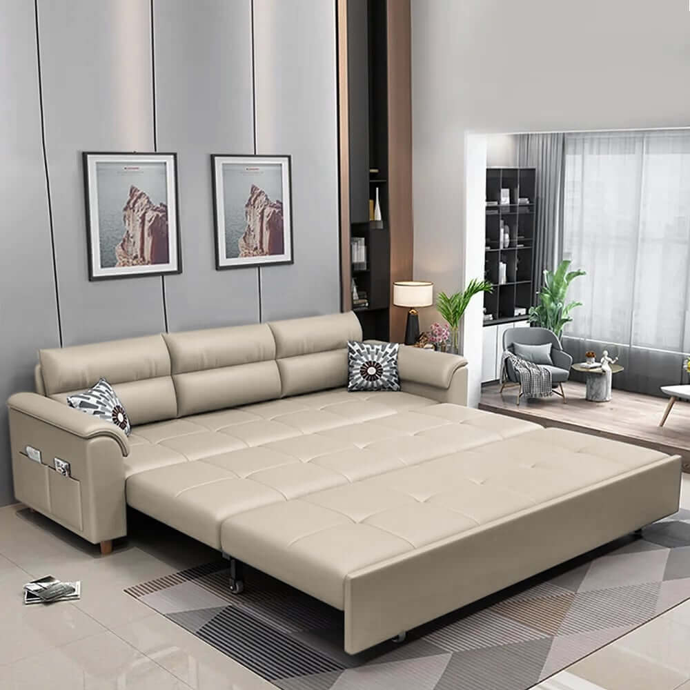 Modern Faux Leather Sofa Bed With Storage And Pillow Arms