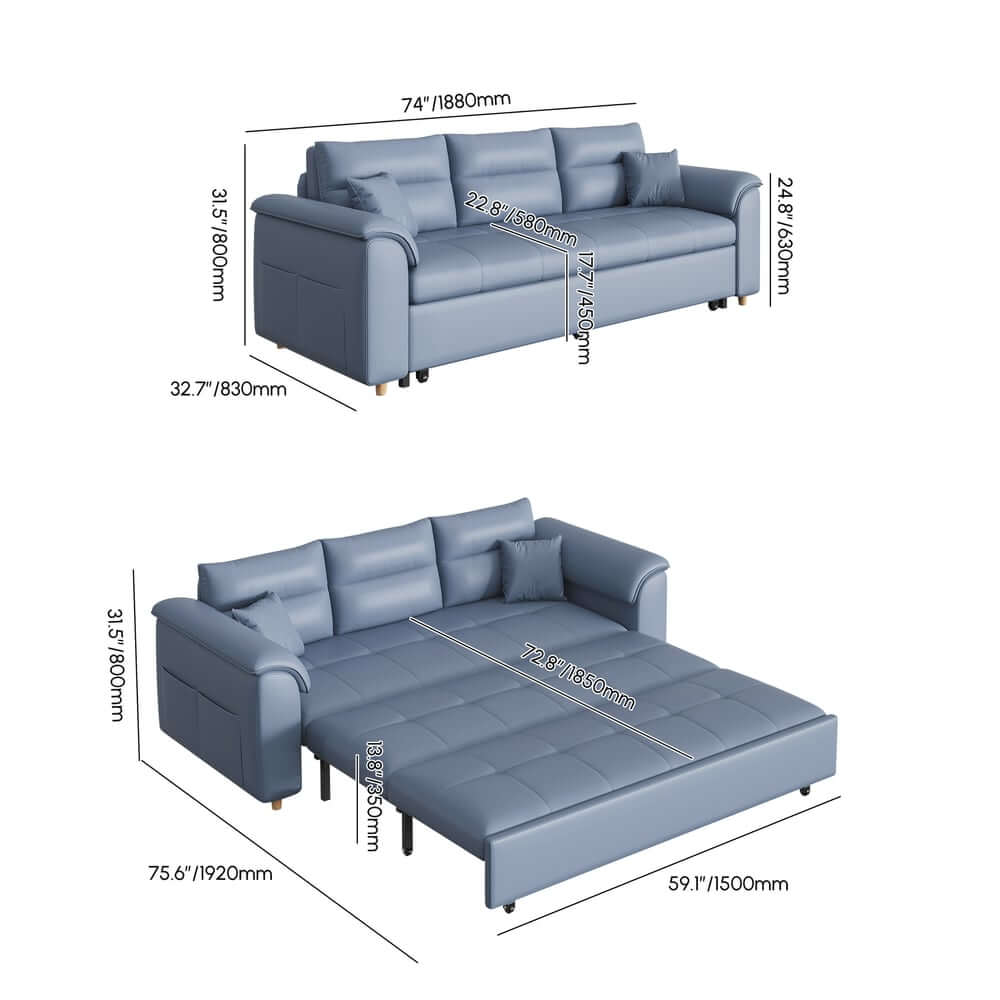 Modern Faux Leather Sofa Bed With Storage And Pillow Arms Dimensions