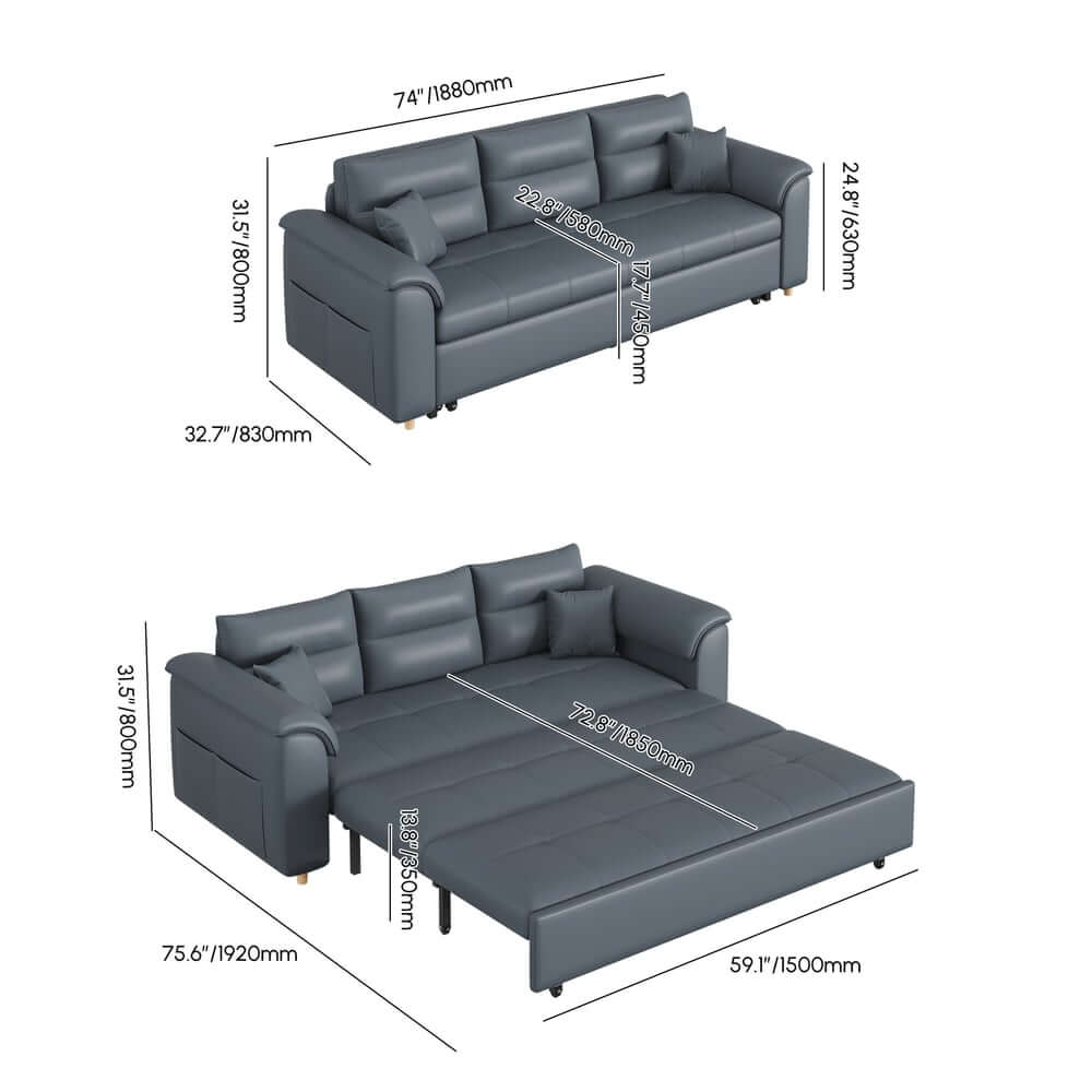 Modern Faux Leather Sofa Bed With Storage And Pillow Arms Dimensions