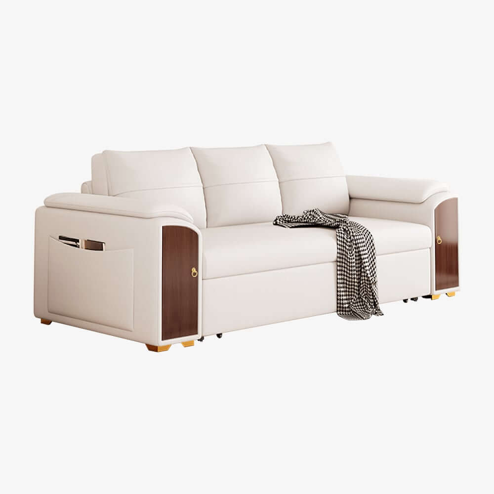 Modern Faux Leather Sofa Bed With Storage & Gold Metal Legs