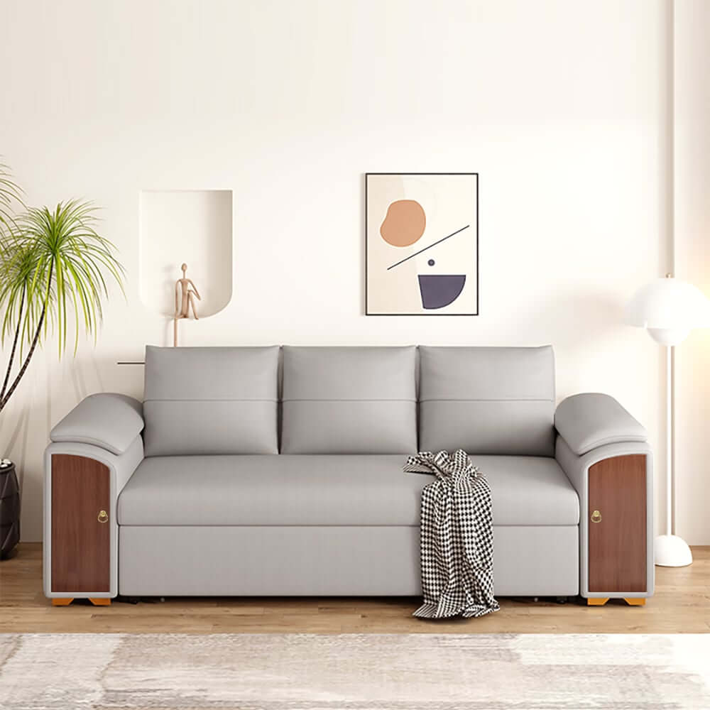 Modern Faux Leather Sofa Bed With Storage & Gold Metal Legs