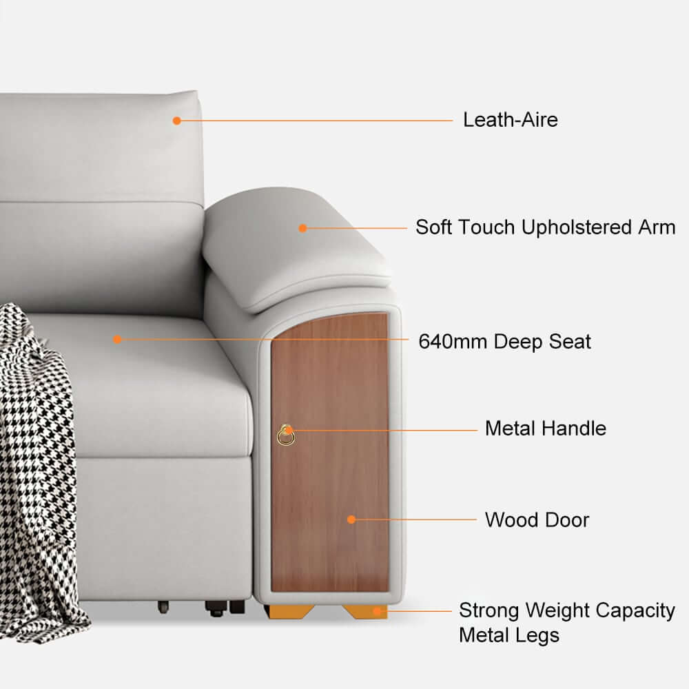 Modern Faux Leather Sofa Bed With Storage & Gold Metal Legs