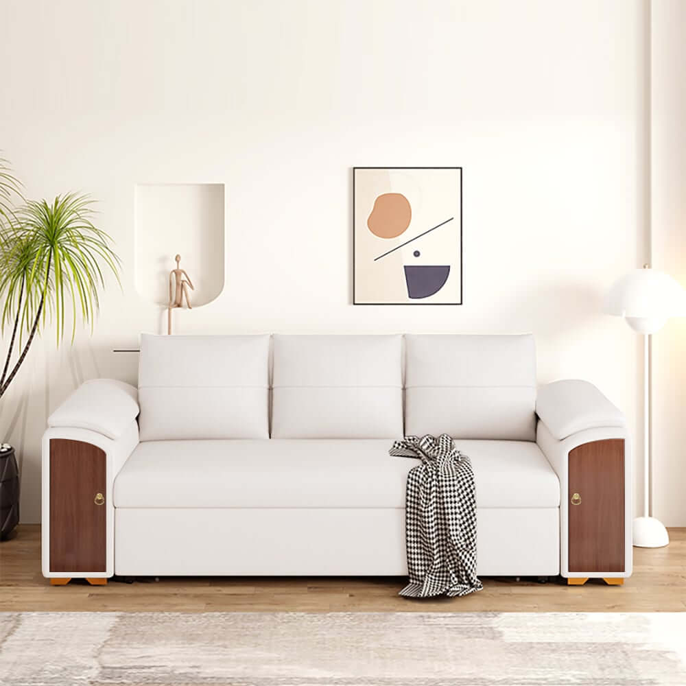 Modern Faux Leather Sofa Bed With Storage & Gold Metal Legs