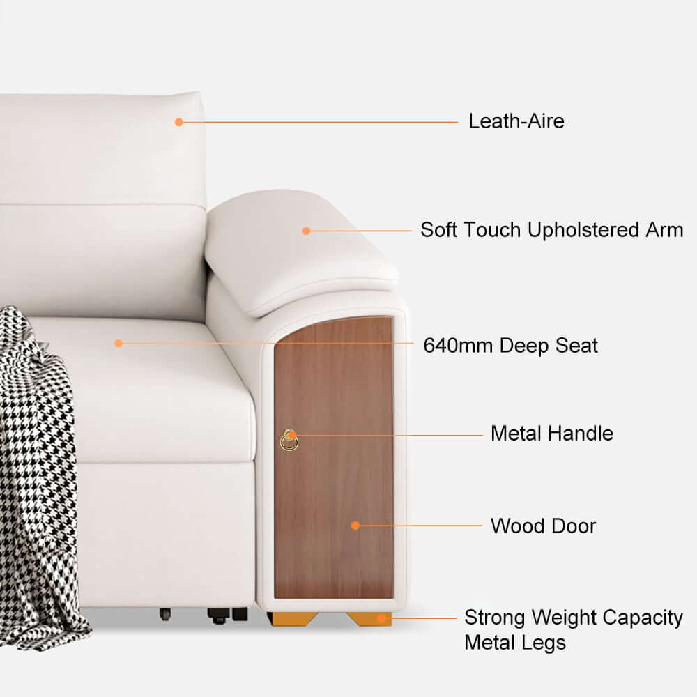 Modern Faux Leather Sofa Bed With Storage & Gold Metal Legs