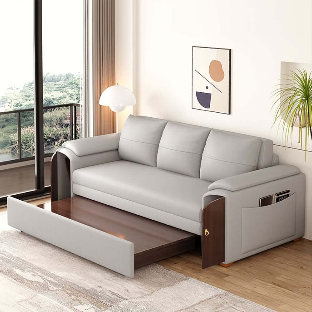 Modern Faux Leather Sofa Bed With Storage & Gold Metal Legs