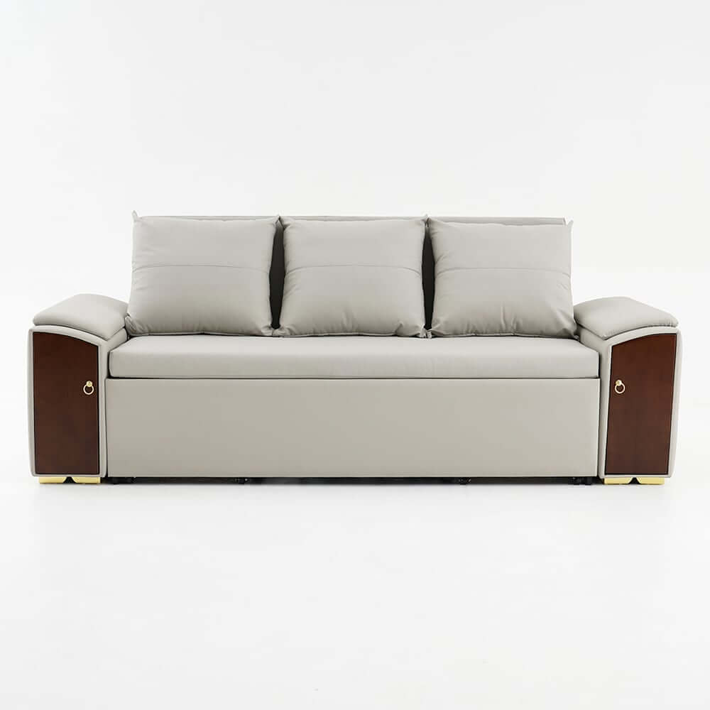 Modern Faux Leather Sofa Bed With Storage & Gold Metal Legs