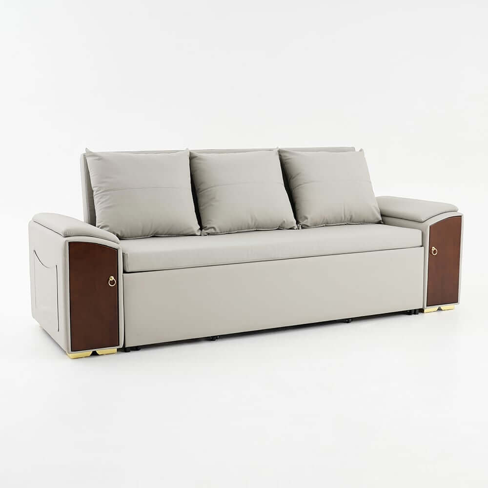 Modern Faux Leather Sofa Bed With Storage & Gold Metal Legs
