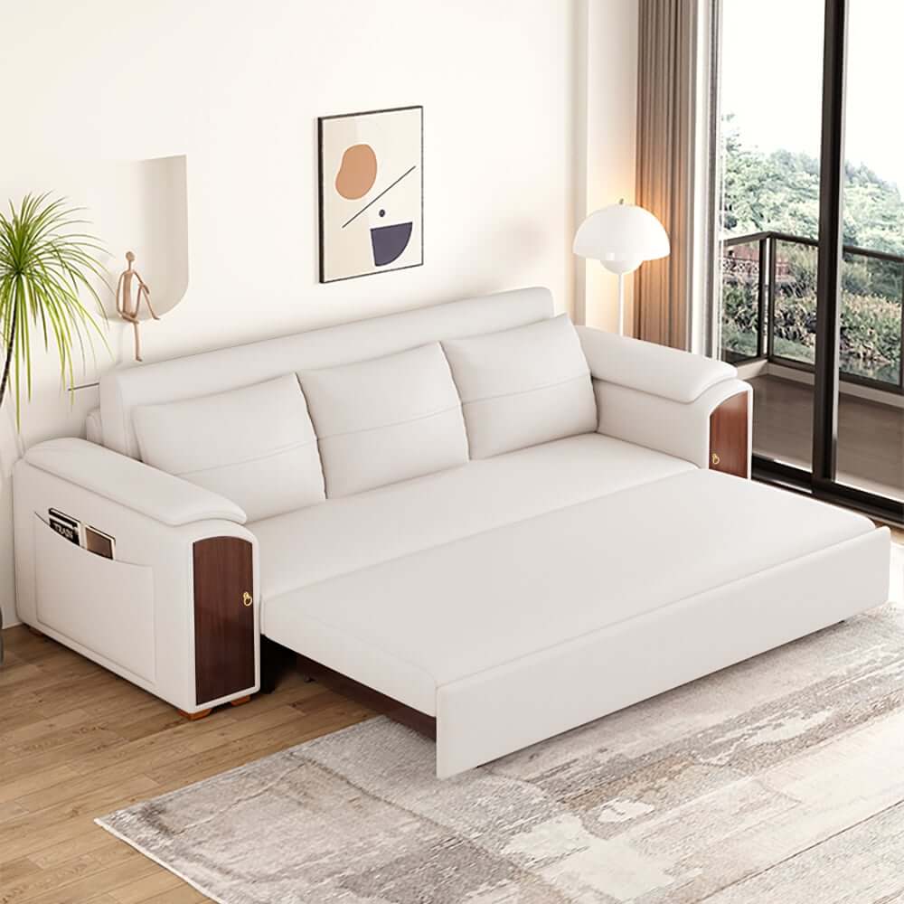 Modern Faux Leather Sofa Bed With Storage & Gold Metal Legs