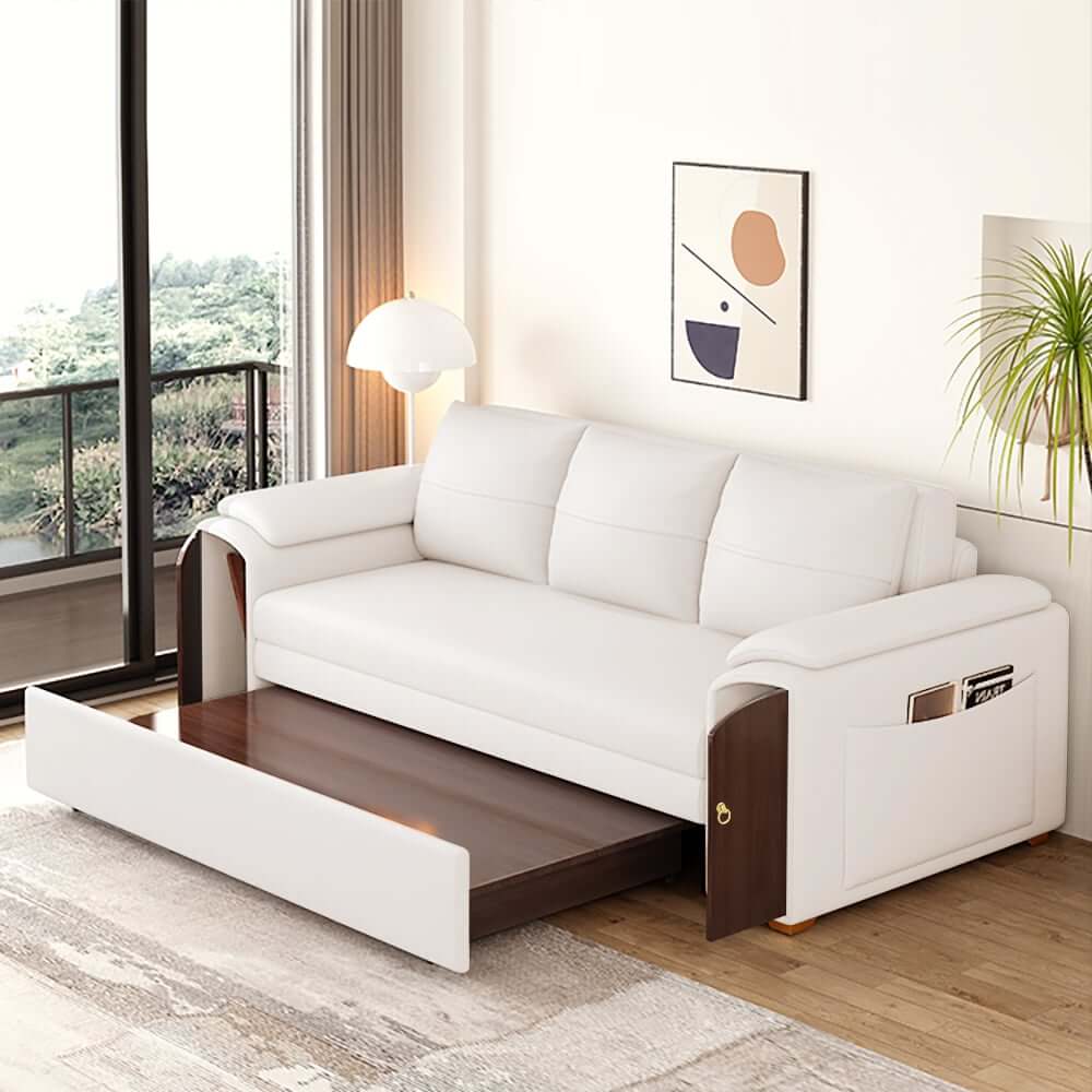 Modern Faux Leather Sofa Bed With Storage & Gold Metal Legs