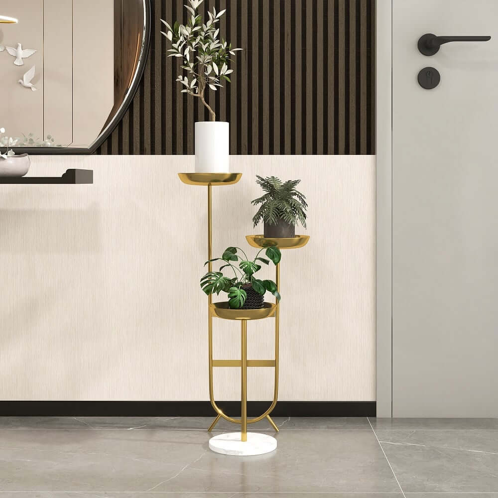 Modern Faux Marble and Gold Metal 3-Tier Plant Stand