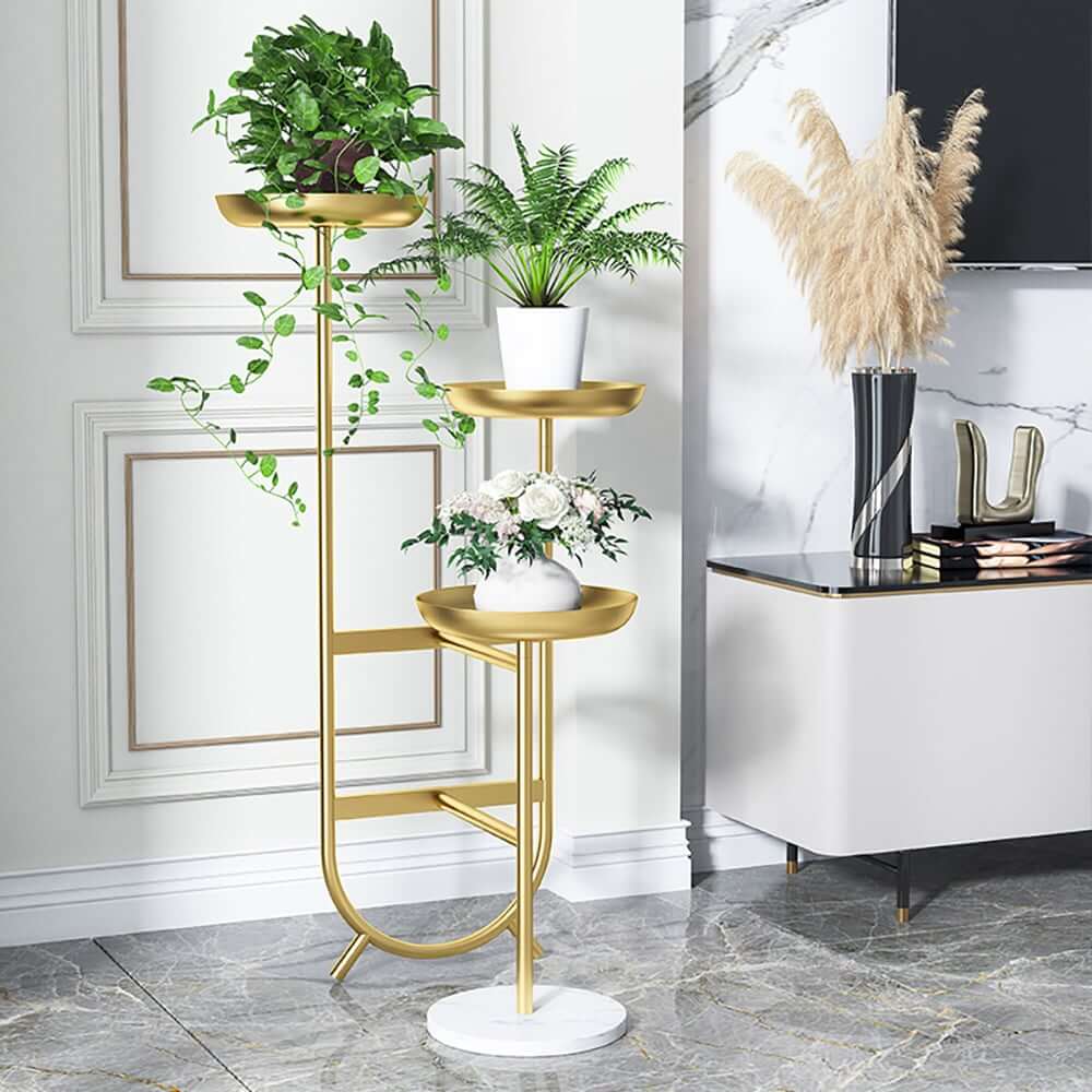 Modern Faux Marble and Gold Metal 3-Tier Plant Stand