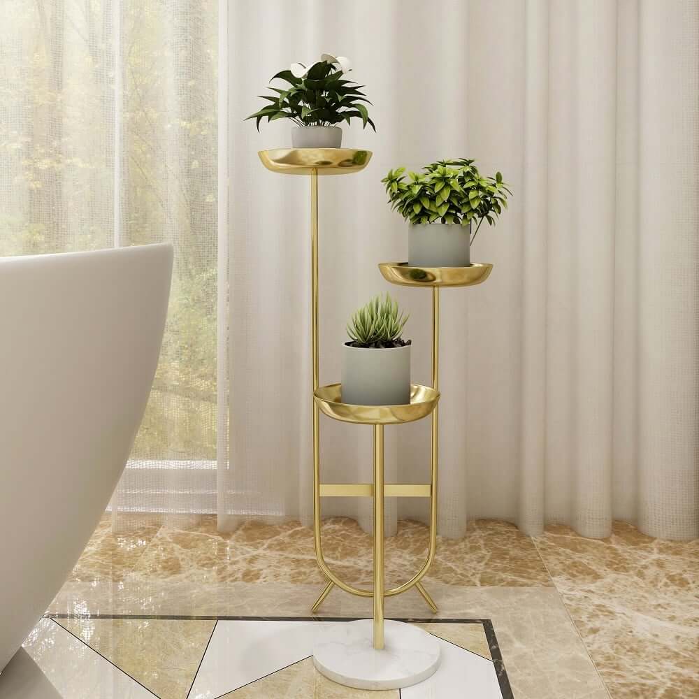Modern Faux Marble and Gold Metal 3-Tier Plant Stand Main Product Image