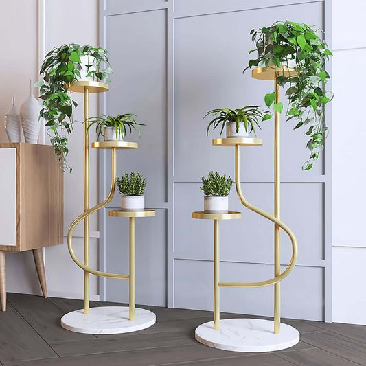 Modern Faux Marble and Gold Metal 3-Tier Round Ladder Plant Stand