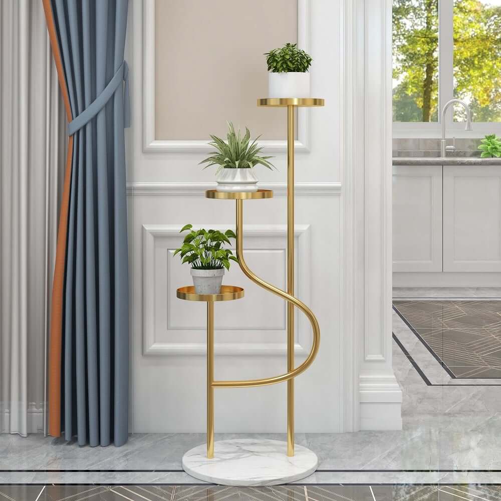 Modern Faux Marble and Gold Metal 3-Tier Round Ladder Plant Stand