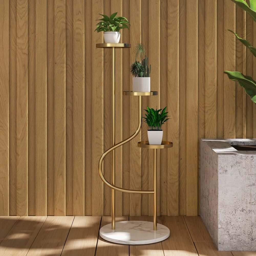 Modern Faux Marble and Gold Metal 3-Tier Round Ladder Plant Stand