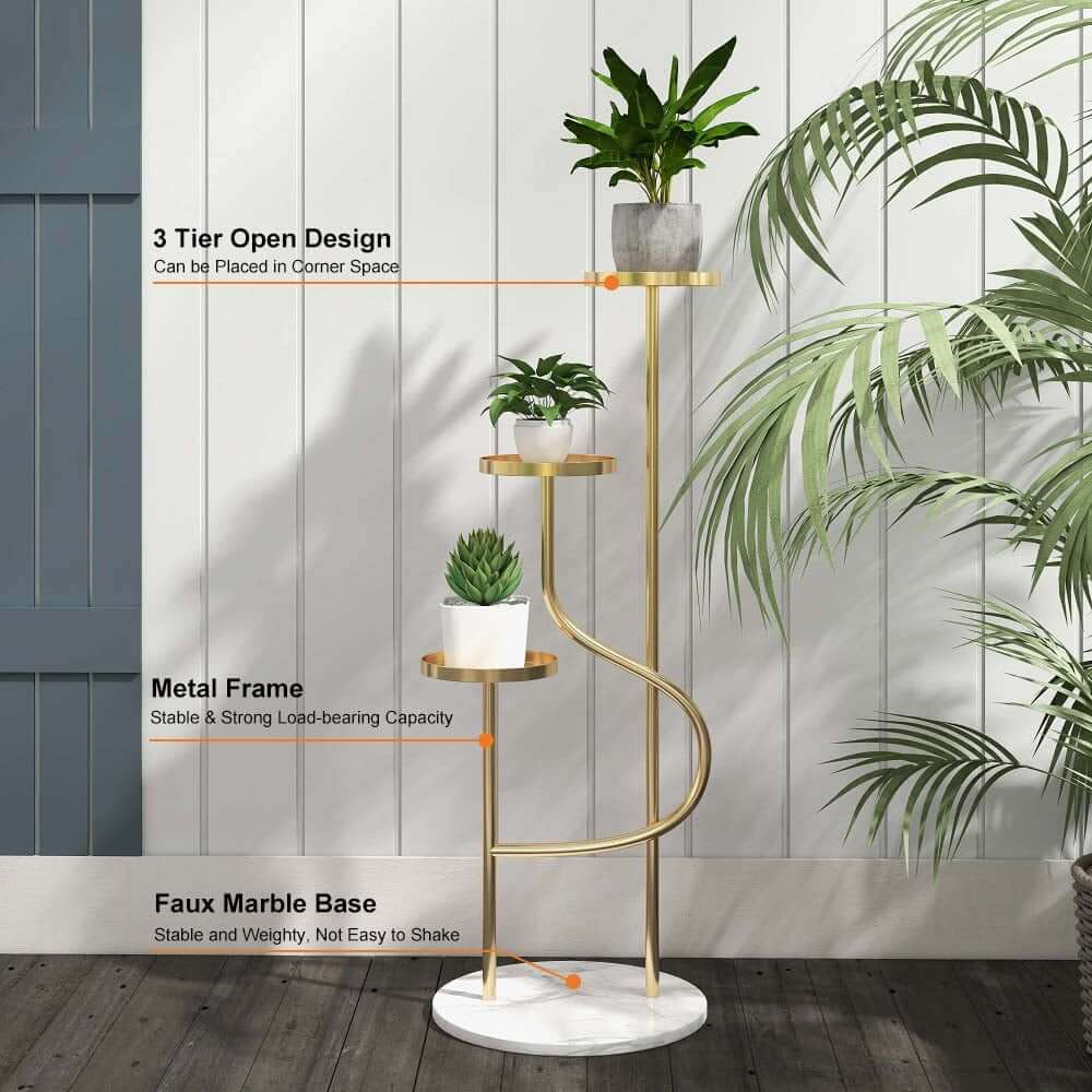Modern Faux Marble and Gold Metal 3-Tier Round Ladder Plant Stand