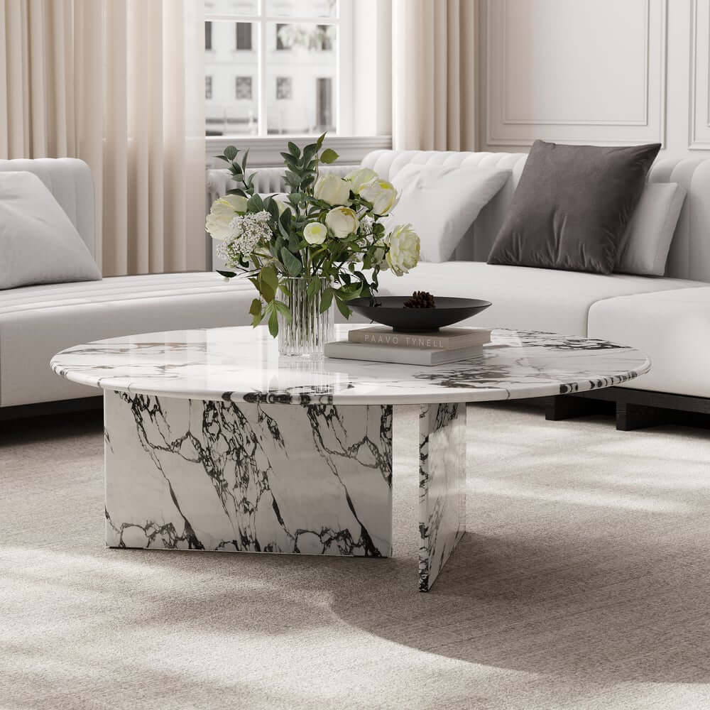 Modern Faux Marble Coffee Table With Double Pedestal Base