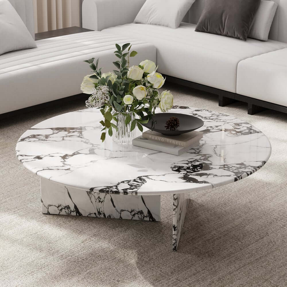Modern Faux Marble Coffee Table With Double Pedestal Base