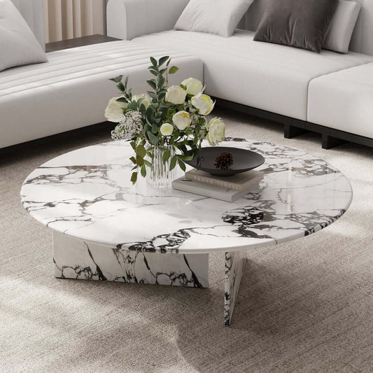 Modern Faux Marble Coffee Table With Double Pedestal Base