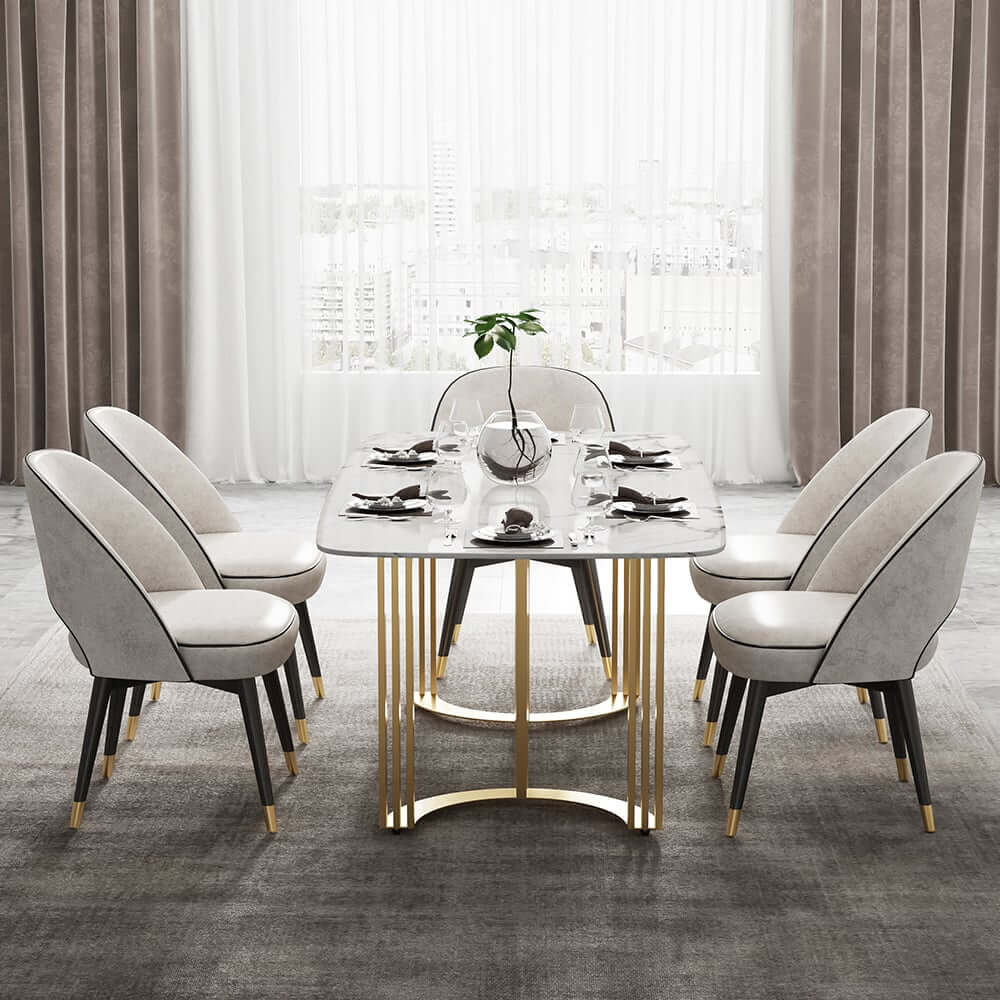 Modern Faux Marble Dining Table, Double Pedestal, 6 Seats
