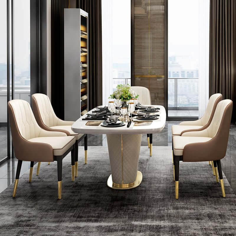 Modern Faux Marble Dining Table For 6 With Gold Base