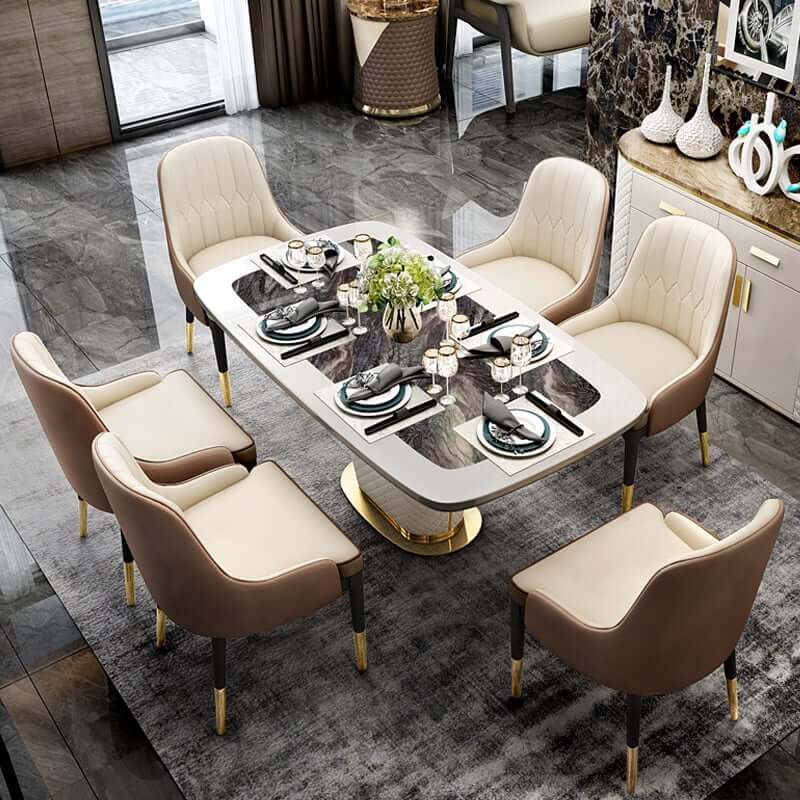 Modern Faux Marble Dining Table For 6 With Gold Base Main Product Image