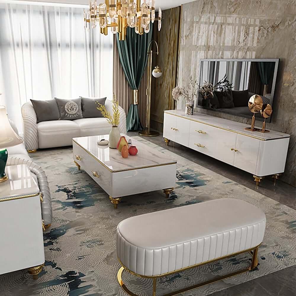 Modern Faux Marble TV Stand With Brass Handles