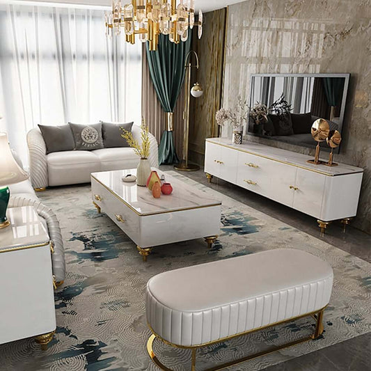 Modern Faux Marble TV Stand With Brass Handles