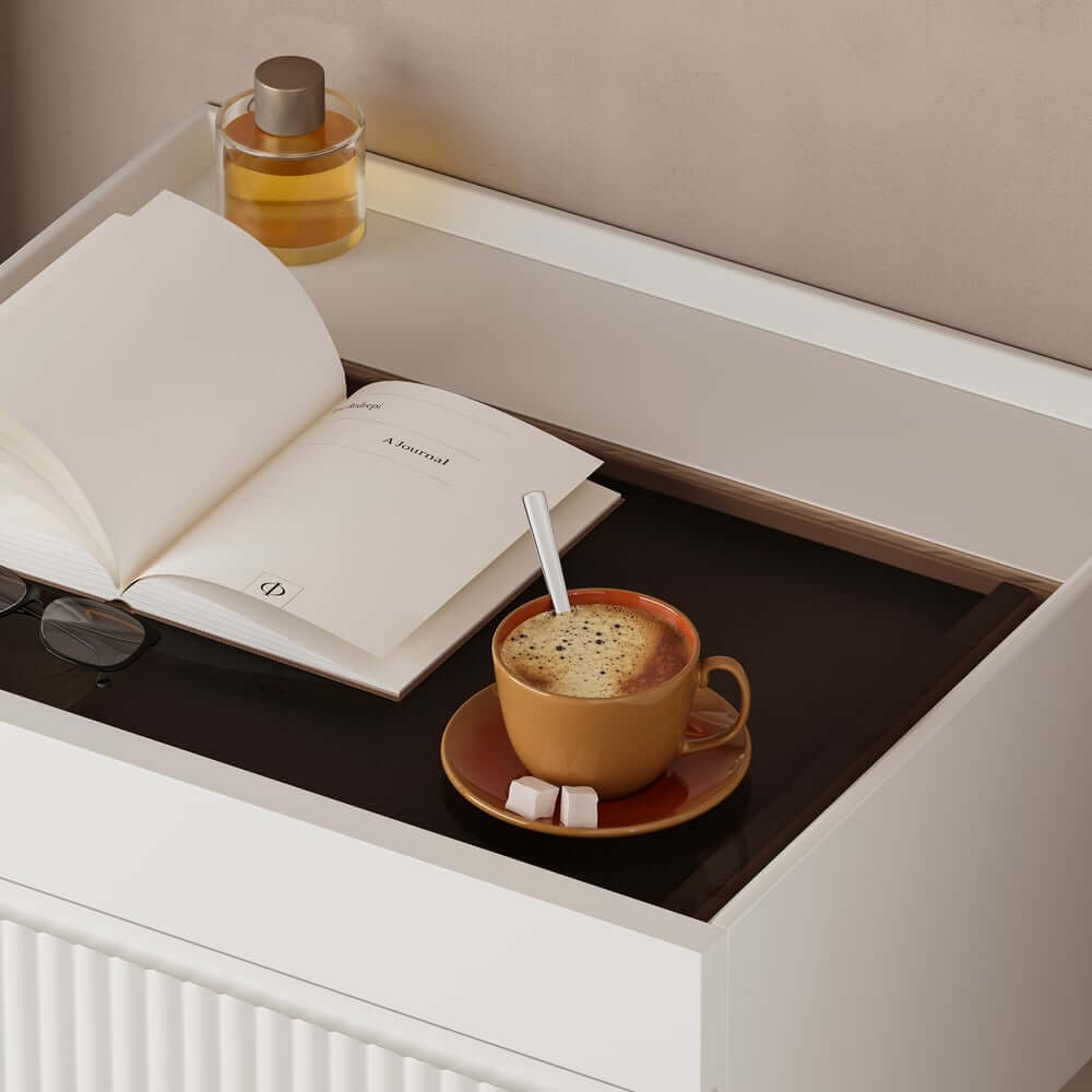 Modern Floating Nightstand With Glass Top And Drawers