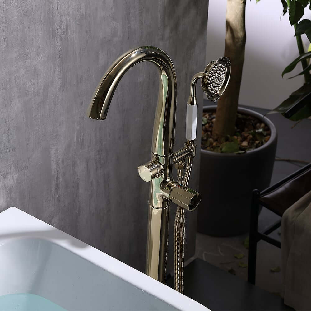 Modern Floor Mounted Bathtub Faucet in Brass with Gold Finish