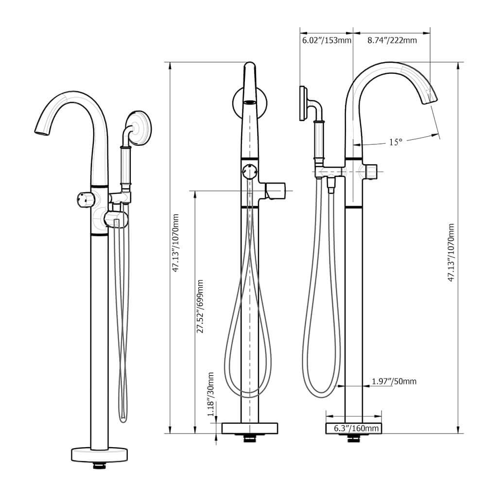 Modern Floor Mounted Bathtub Faucet in Brass with Gold Finish