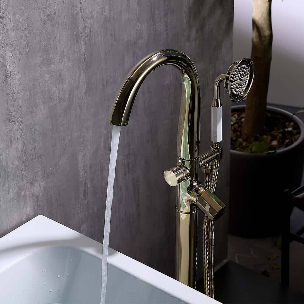 Modern Floor Mounted Bathtub Faucet in Brass with Gold Finish Main Product Image