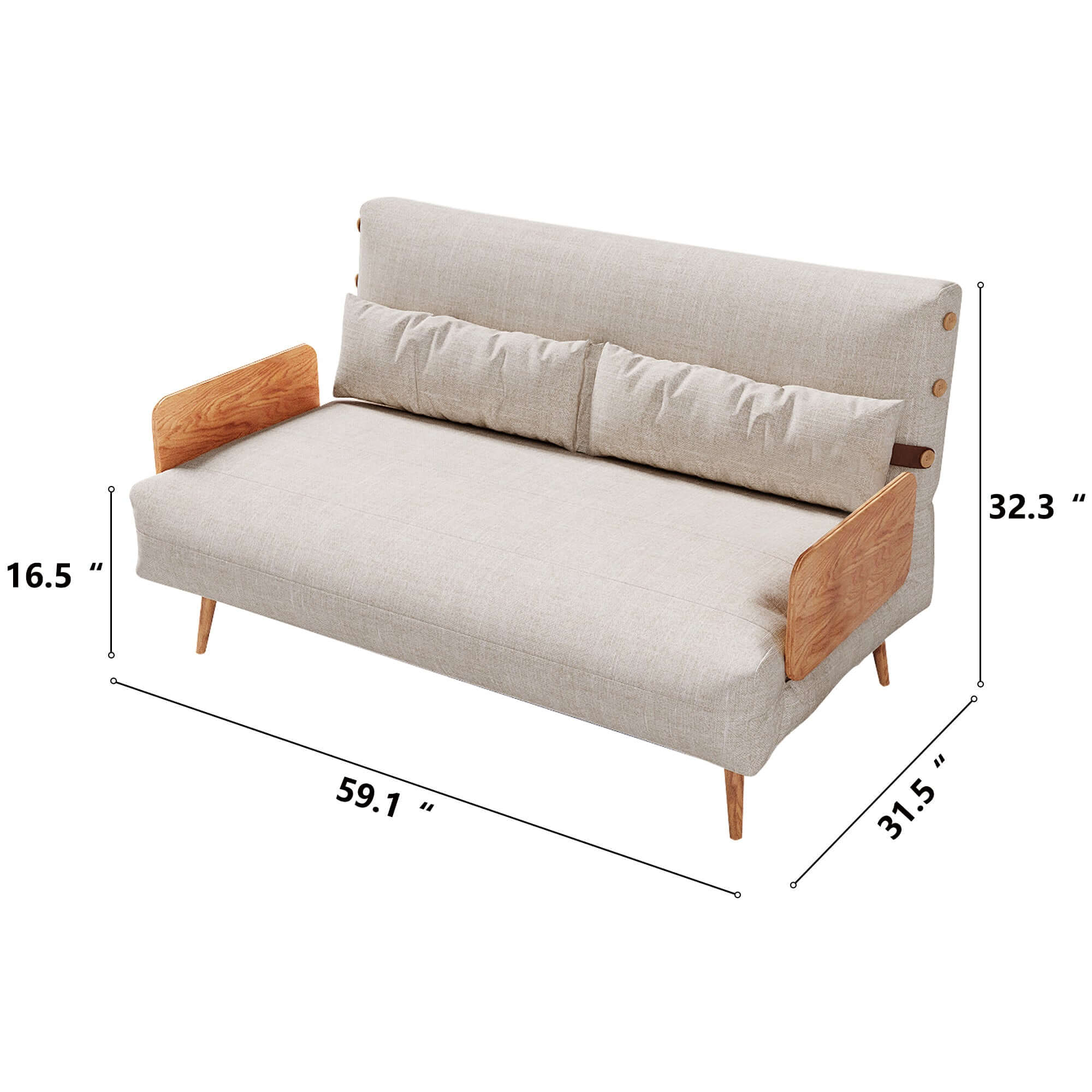 Modern Foldable 2-Seat Sofa in Linen or Velvet Fabric