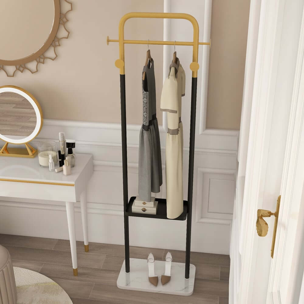 Modern Freestanding Garment Rack with Shelf and Marble Base